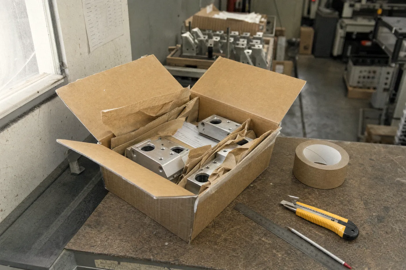 Finished machined aluminium parts packed in a cardboard box with kraft paper and a job ticket, beside a roll of paper tape, a knife, a steel rule and a pencil.